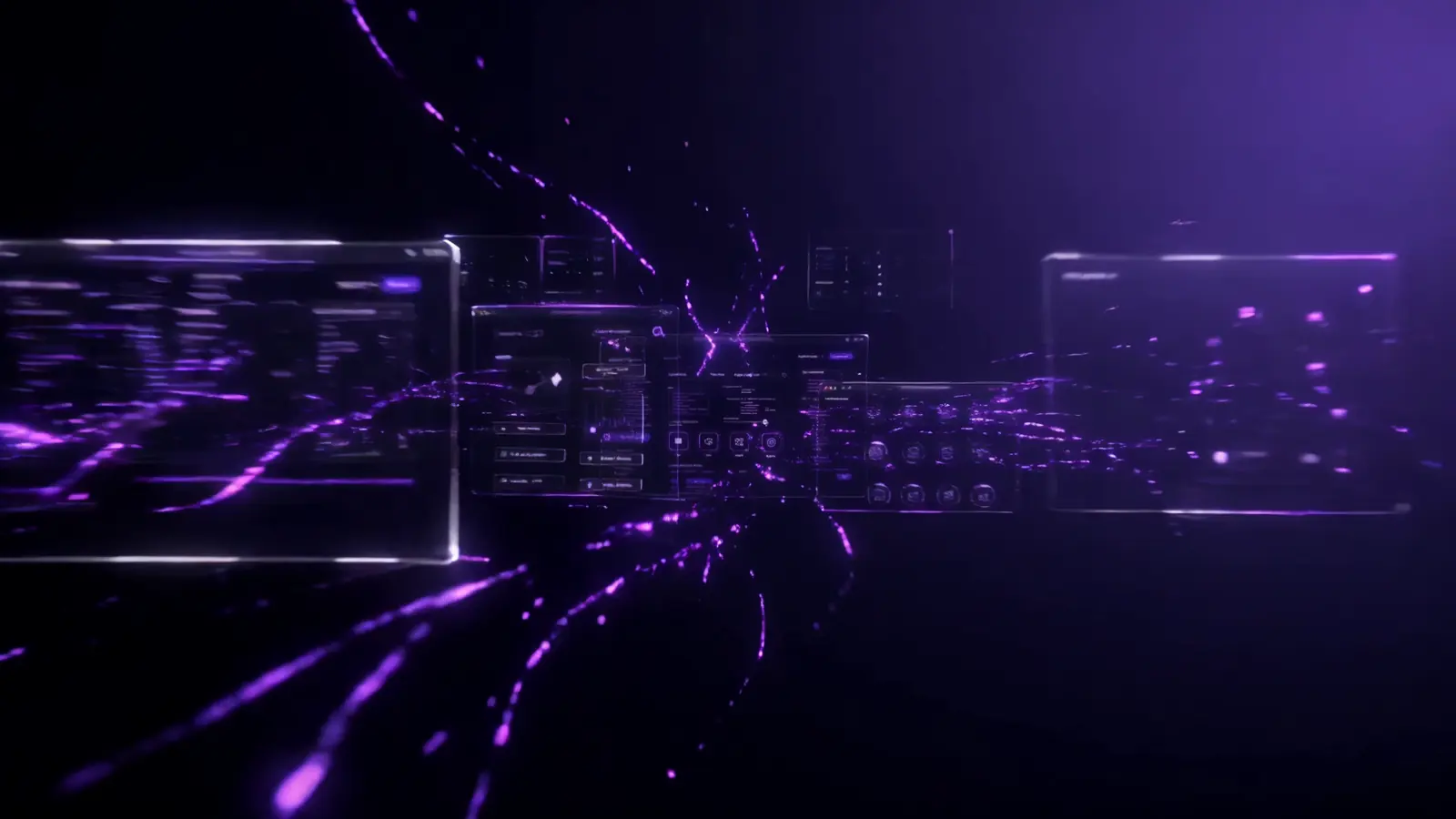 A quiet dark field threaded with violet particle streams, used as the concept art direction for an editorial portfolio.