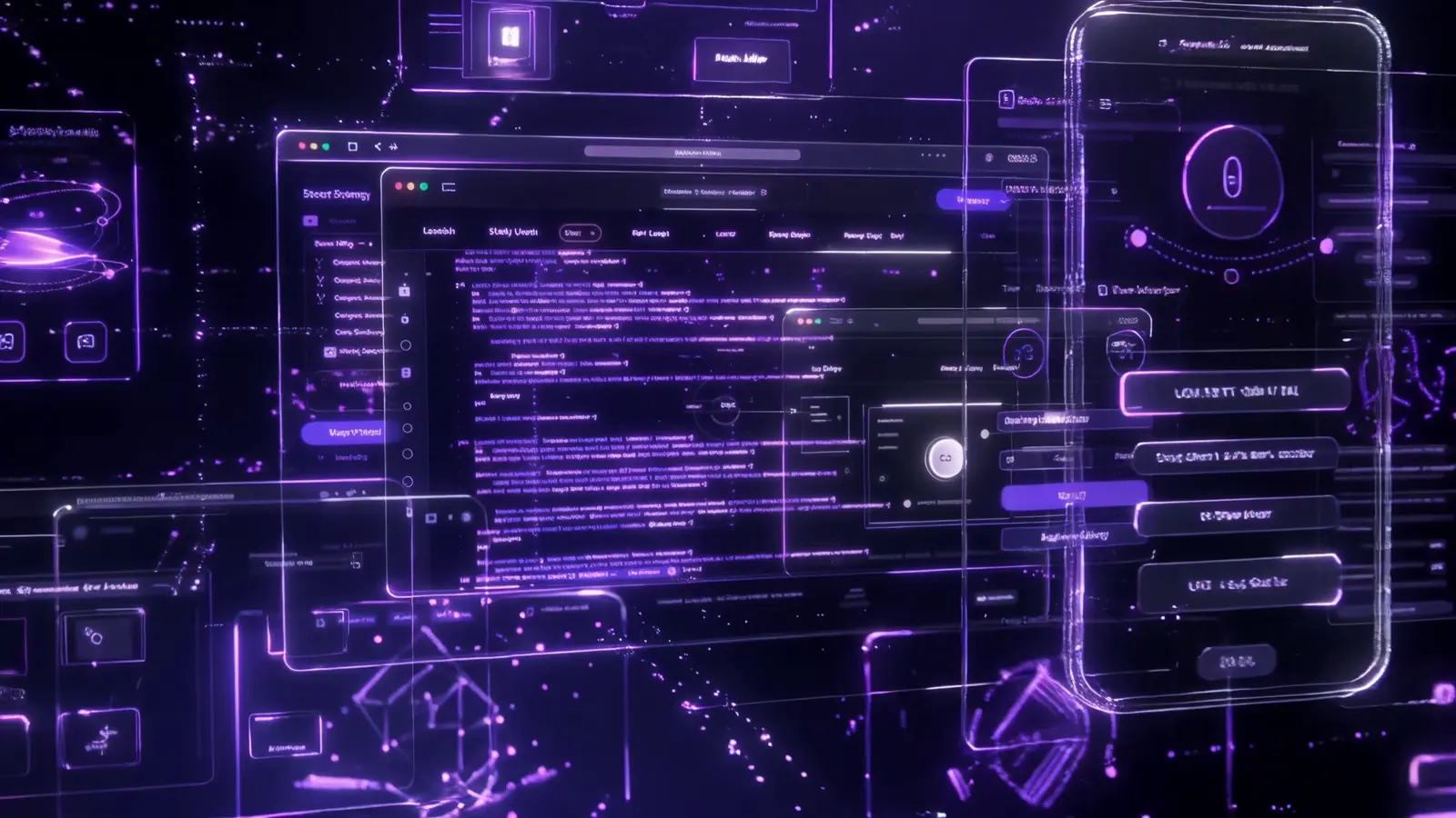 Concept interface layer composition: dashboard panels, data tables, and mobile controls floating in a violet field.