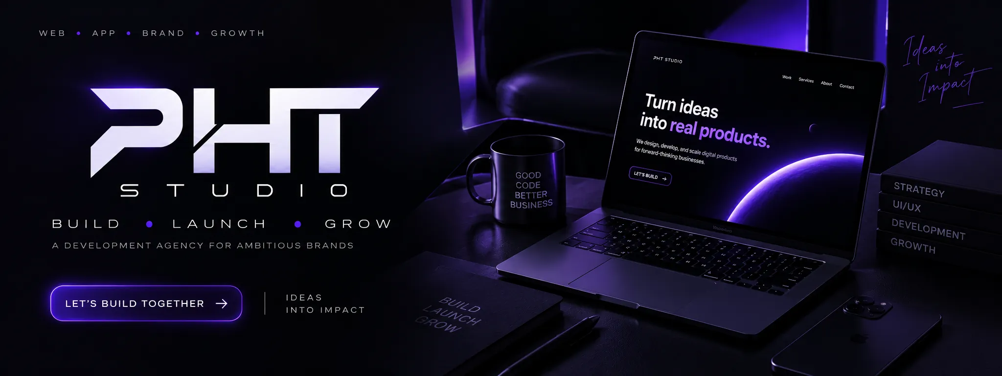 PHT Studio key art: the studio wordmark above a dark workspace scene with a laptop showing a violet product interface.